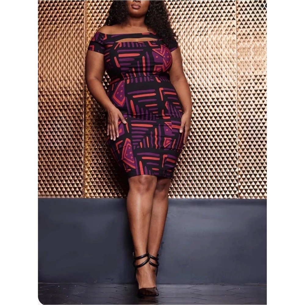 D'Iyanu Keruba Dress Black Peach Tribal Cutout Off Shoulder Sheath Plus Size 3X